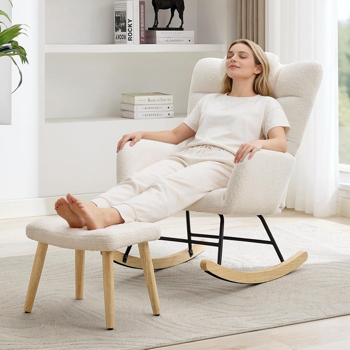 Nursery Rocking Chair with Ottoman, Teddy Upholstered Glider Rocking Chair with High Backrest, Armchair Reading Chair for Adults, Nursery, Bedroom, Living Room, Office, Beige with Ottoman
