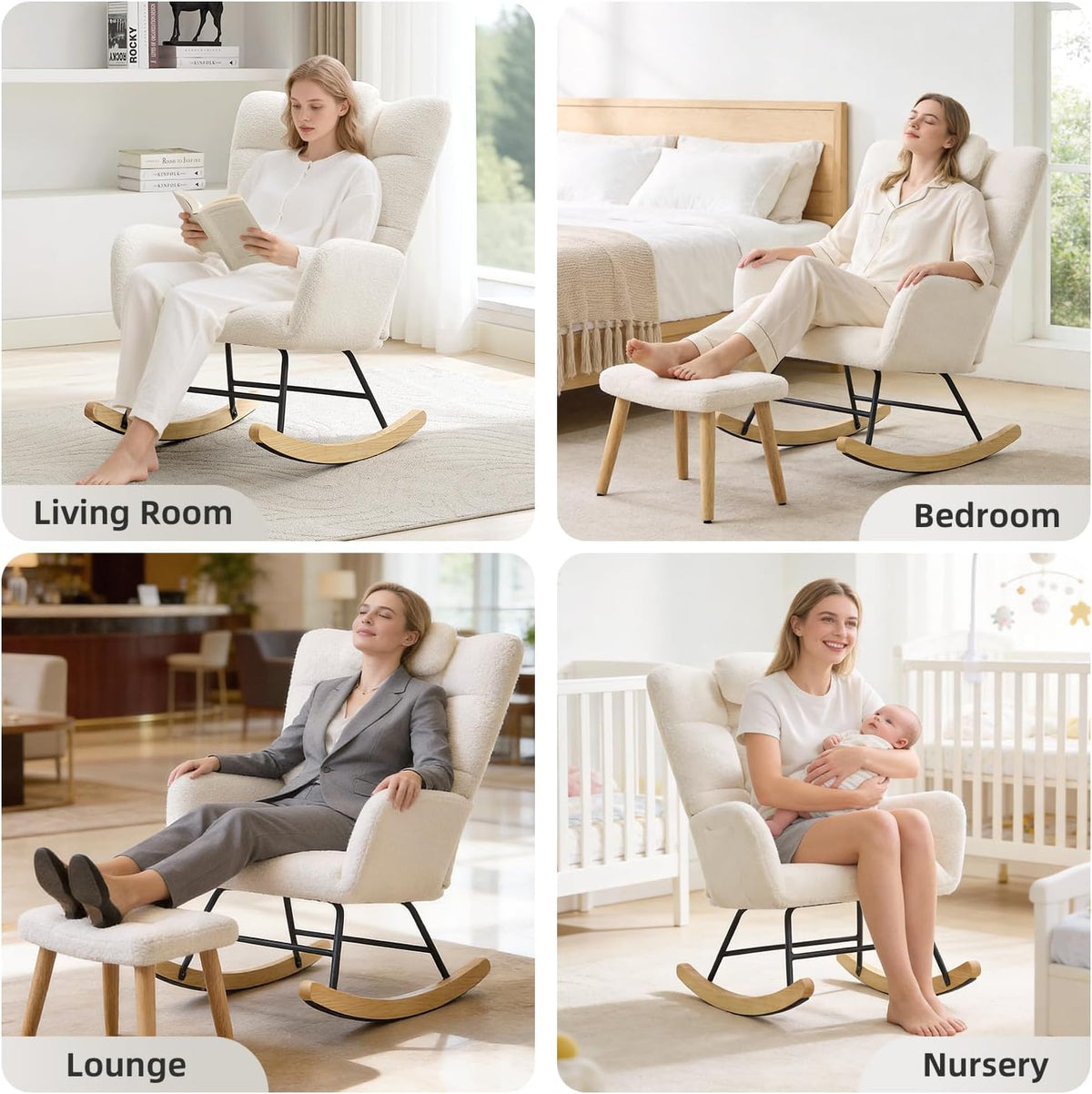 Nursery Rocking Chair with Ottoman, Teddy Upholstered Glider Rocking Chair with High Backrest, Armchair Reading Chair for Adults, Nursery, Bedroom, Living Room, Office, Beige with Ottoman