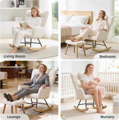 Nursery Rocking Chair with Ottoman, Teddy Upholstered Glider Rocking Chair with High Backrest, Armchair Reading Chair for Adults, Nursery, Bedroom, Living Room, Office, Beige with Ottoman