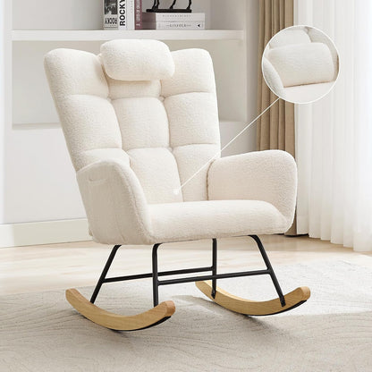 Nursery Rocking Chair with Ottoman, Teddy Upholstered Glider Rocking Chair with High Backrest, Armchair Reading Chair for Adults, Nursery, Bedroom, Living Room, Office, Beige with Ottoman
