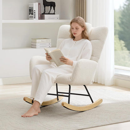 Nursery Rocking Chair with Ottoman, Teddy Upholstered Glider Rocking Chair with High Backrest, Armchair Reading Chair for Adults, Nursery, Bedroom, Living Room, Office, Beige with Ottoman