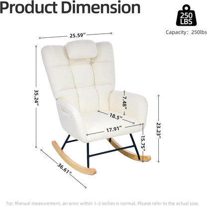 Nursery Rocking Chair with Ottoman, Teddy Upholstered Glider Rocking Chair with High Backrest, Armchair Reading Chair for Adults, Nursery, Bedroom, Living Room, Office, Beige with Ottoman