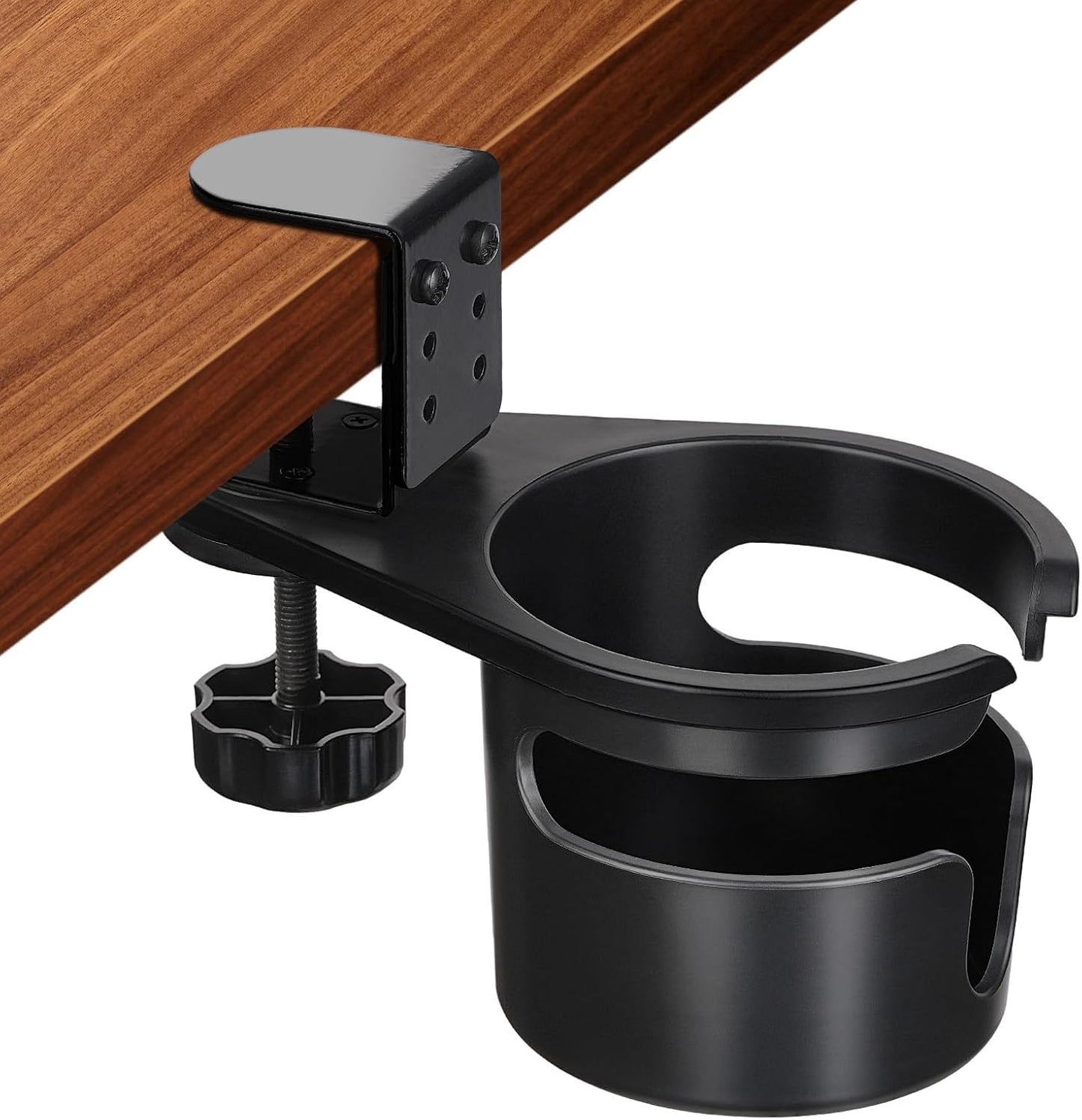 Desk Cup Holder Clamp, Anti-Spill Clip On Table Cup Holder Rotatable | Water Bottle Stand Drink Coffee Mug Storage, Office Accessories for Home and School (Black)