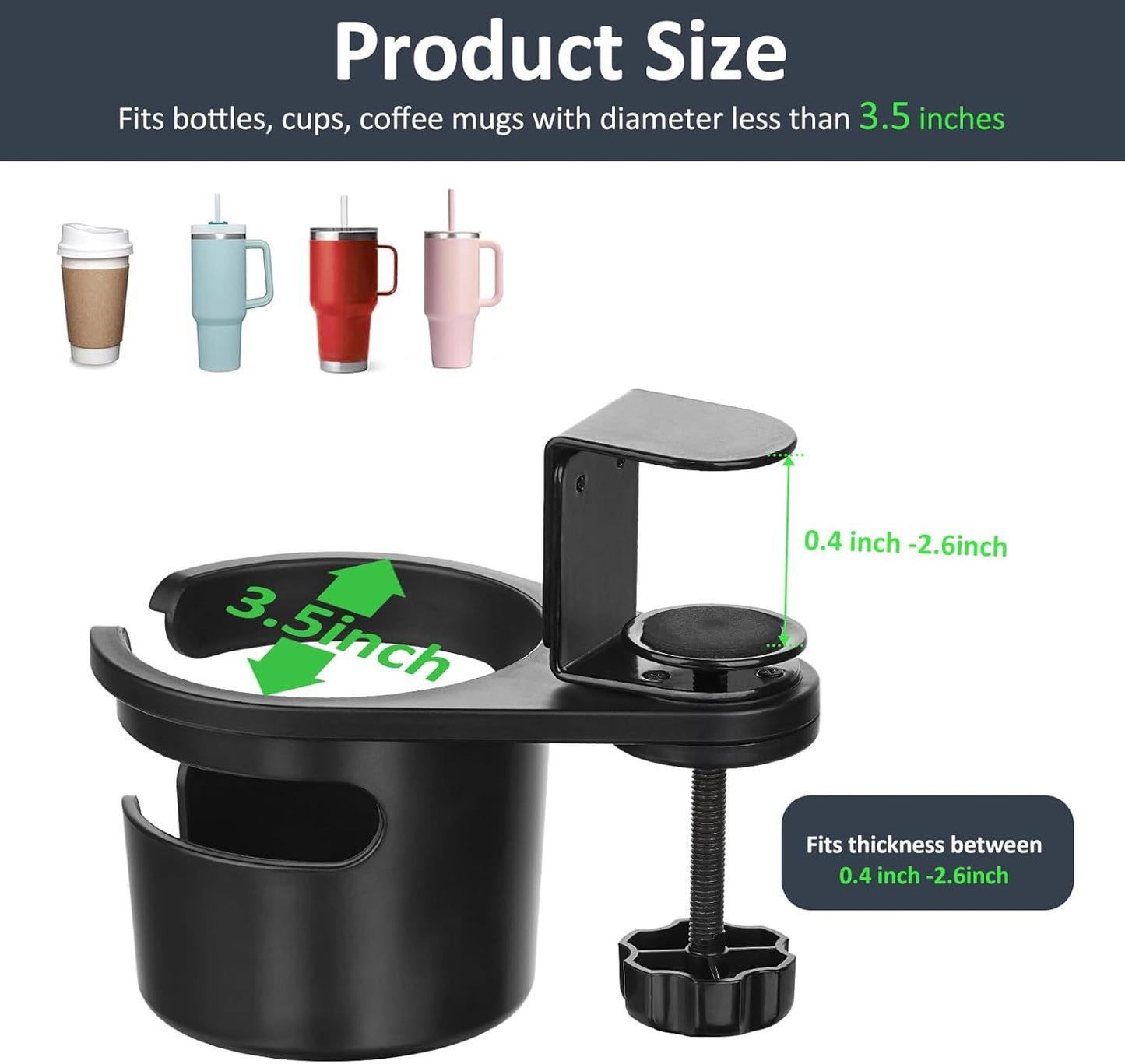 Desk Cup Holder Clamp, Anti-Spill Clip On Table Cup Holder Rotatable | Water Bottle Stand Drink Coffee Mug Storage, Office Accessories for Home and School (Black)