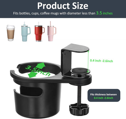 Desk Cup Holder Clamp, Anti-Spill Clip On Table Cup Holder Rotatable | Water Bottle Stand Drink Coffee Mug Storage, Office Accessories for Home and School (Black)