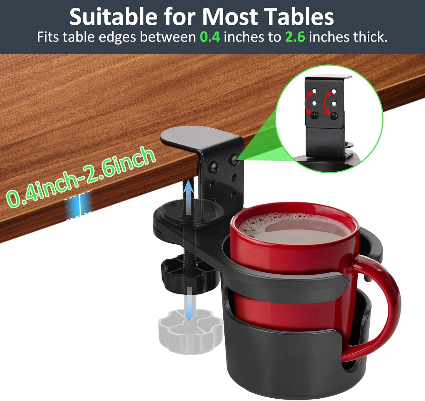 Desk Cup Holder Clamp, Anti-Spill Clip On Table Cup Holder Rotatable | Water Bottle Stand Drink Coffee Mug Storage, Office Accessories for Home and School (Black)