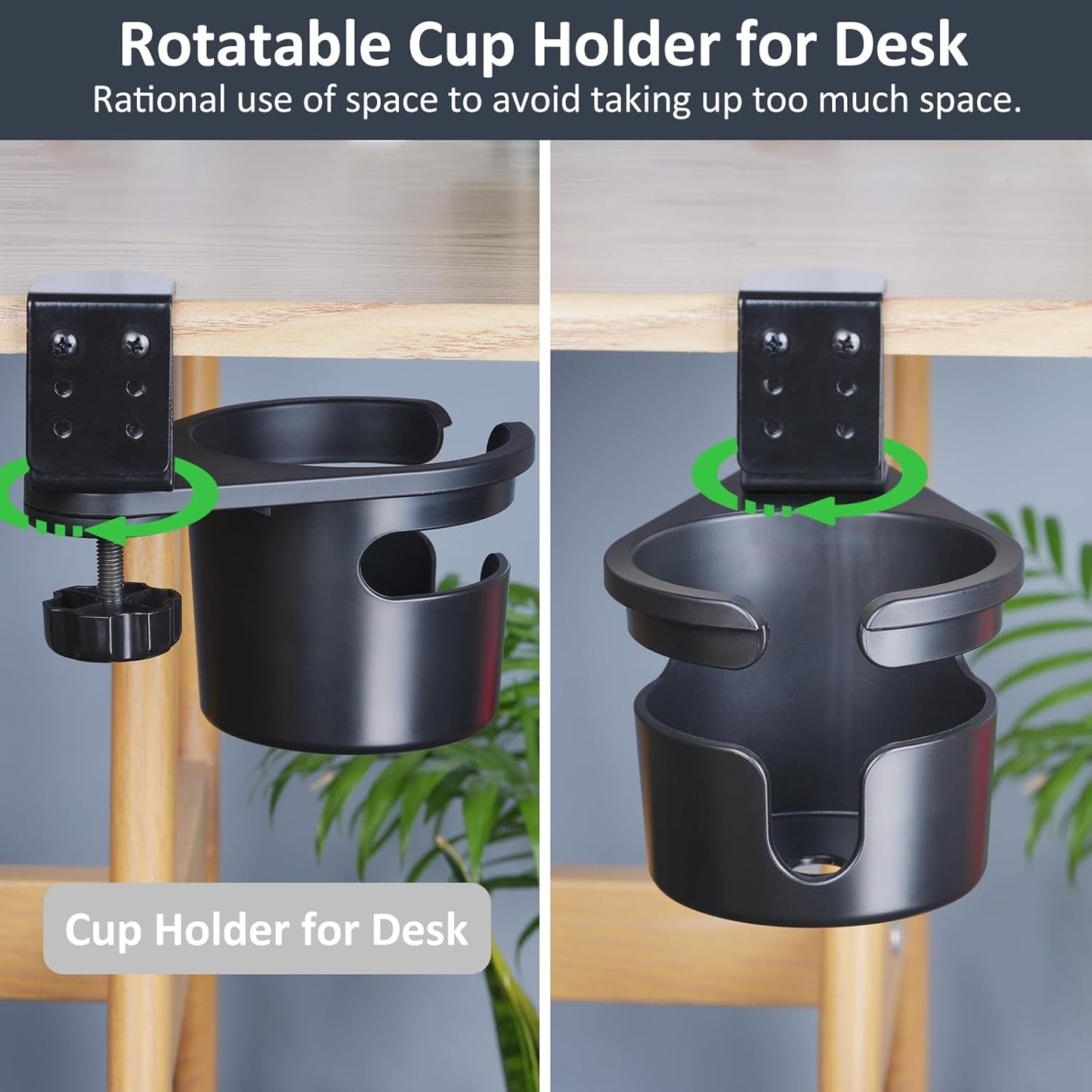 Desk Cup Holder Clamp, Anti-Spill Clip On Table Cup Holder Rotatable | Water Bottle Stand Drink Coffee Mug Storage, Office Accessories for Home and School (Black)