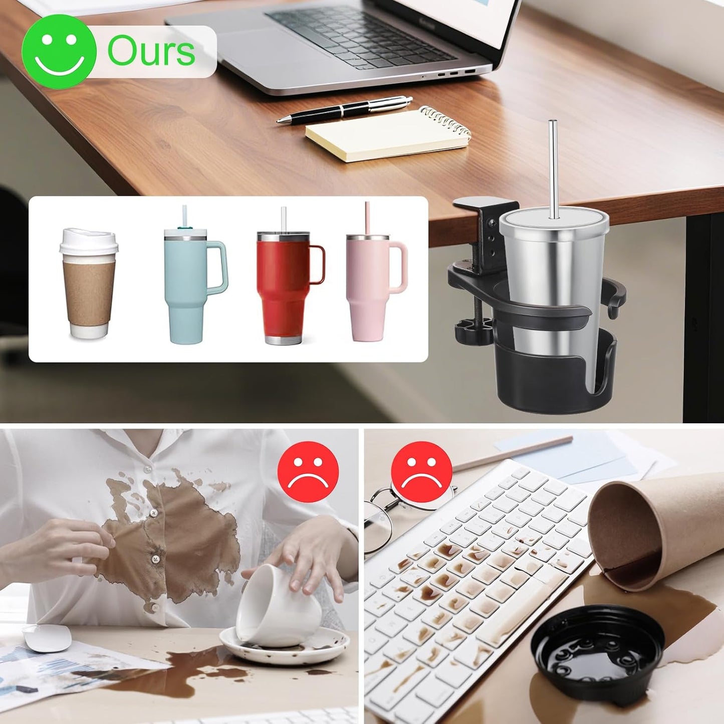 Desk Cup Holder Clamp, Anti-Spill Clip On Table Cup Holder Rotatable | Water Bottle Stand Drink Coffee Mug Storage, Office Accessories for Home and School (Black)
