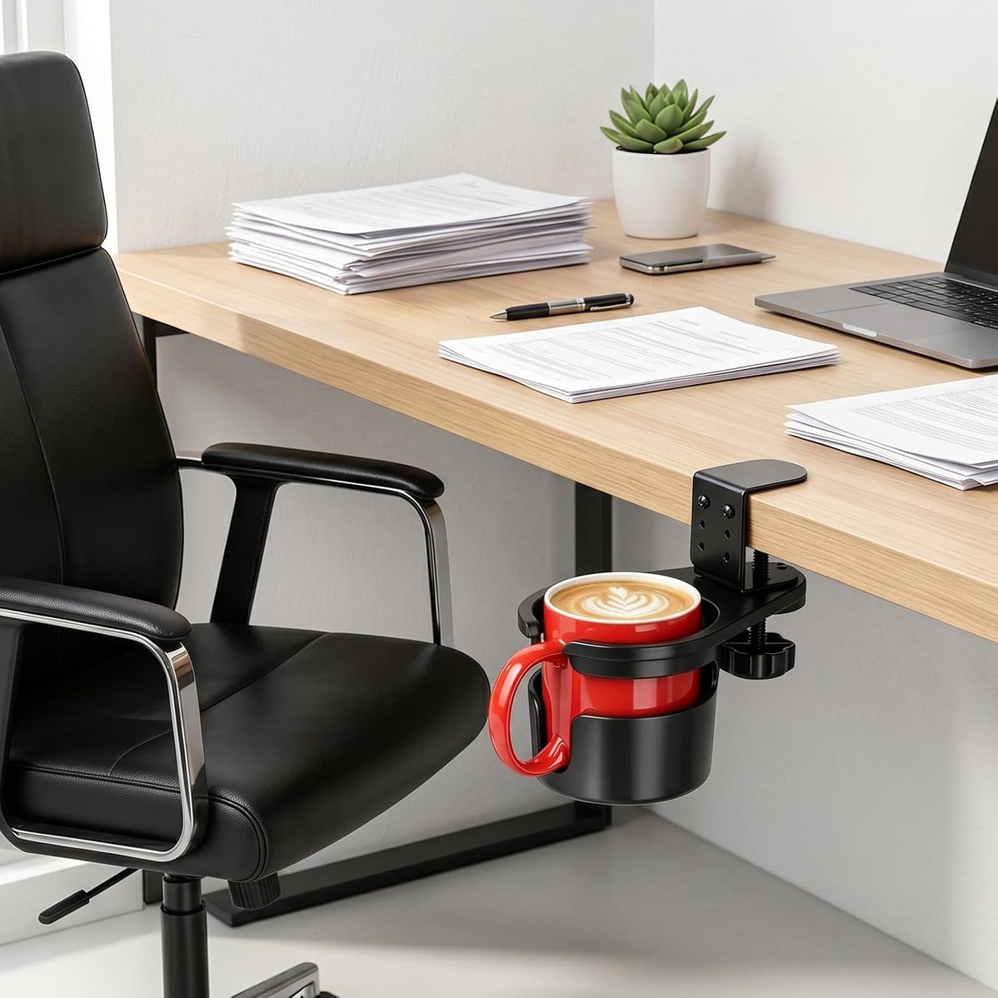 Desk Cup Holder Clamp, Anti-Spill Clip On Table Cup Holder Rotatable | Water Bottle Stand Drink Coffee Mug Storage, Office Accessories for Home and School (Black)