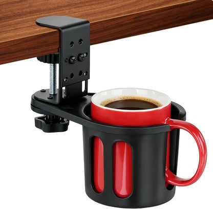 Desk Cup Holder Clamp, Anti-Spill Clip On Table Cup Holder Rotatable | Water Bottle Stand Drink Coffee Mug Storage, Office Accessories for Home and School (Black)