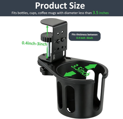 Desk Cup Holder Clamp, Anti-Spill Clip On Table Cup Holder Rotatable | Water Bottle Stand Drink Coffee Mug Storage, Office Accessories for Home and School (Black)
