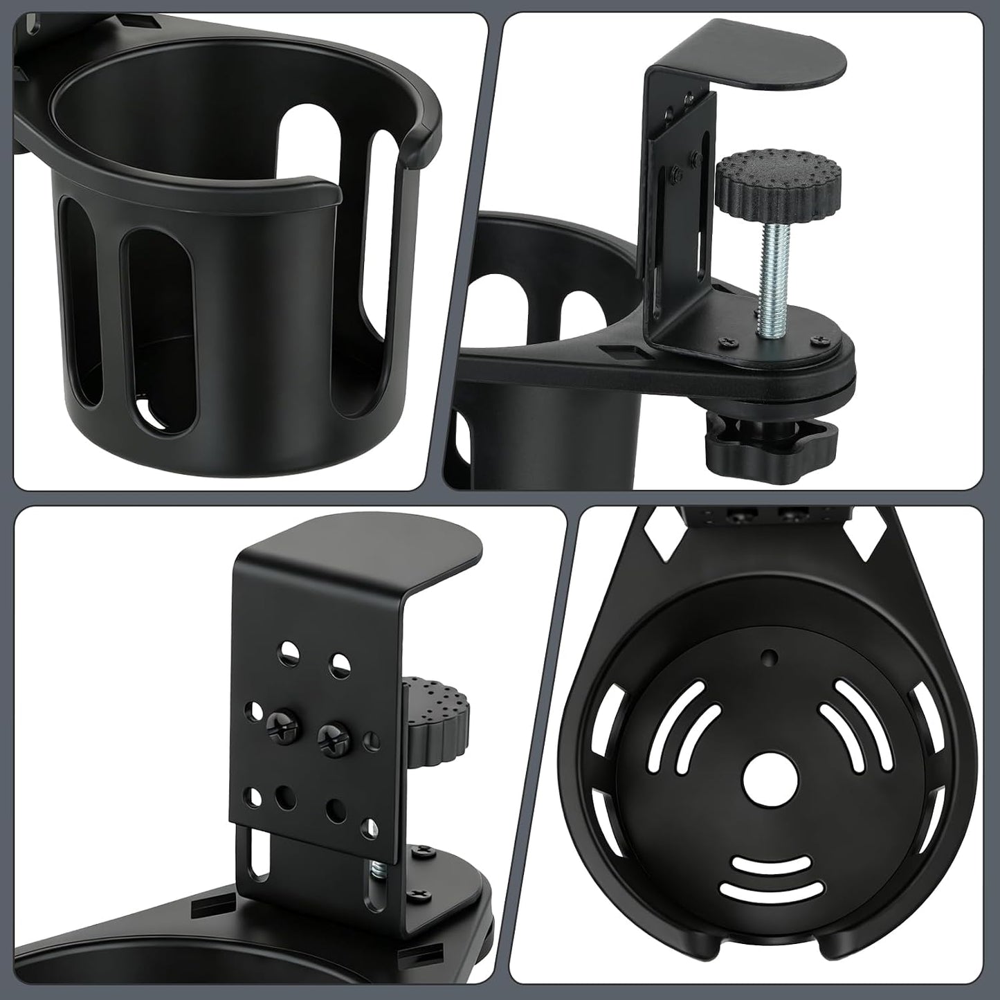 Desk Cup Holder Clamp, Anti-Spill Clip On Table Cup Holder Rotatable | Water Bottle Stand Drink Coffee Mug Storage, Office Accessories for Home and School (Black)