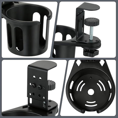 Desk Cup Holder Clamp, Anti-Spill Clip On Table Cup Holder Rotatable | Water Bottle Stand Drink Coffee Mug Storage, Office Accessories for Home and School (Black)
