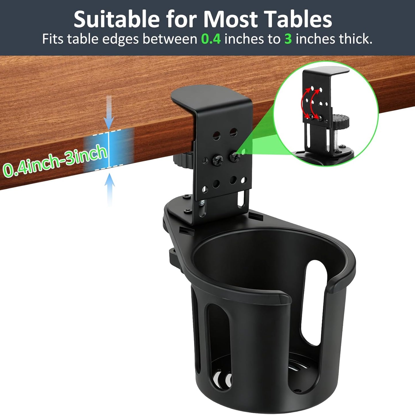 Desk Cup Holder Clamp, Anti-Spill Clip On Table Cup Holder Rotatable | Water Bottle Stand Drink Coffee Mug Storage, Office Accessories for Home and School (Black)
