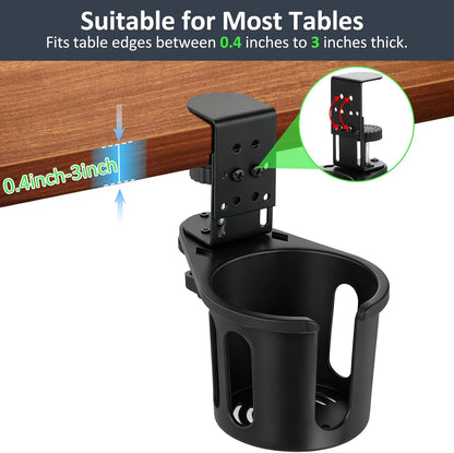 Desk Cup Holder Clamp, Anti-Spill Clip On Table Cup Holder Rotatable | Water Bottle Stand Drink Coffee Mug Storage, Office Accessories for Home and School (Black)