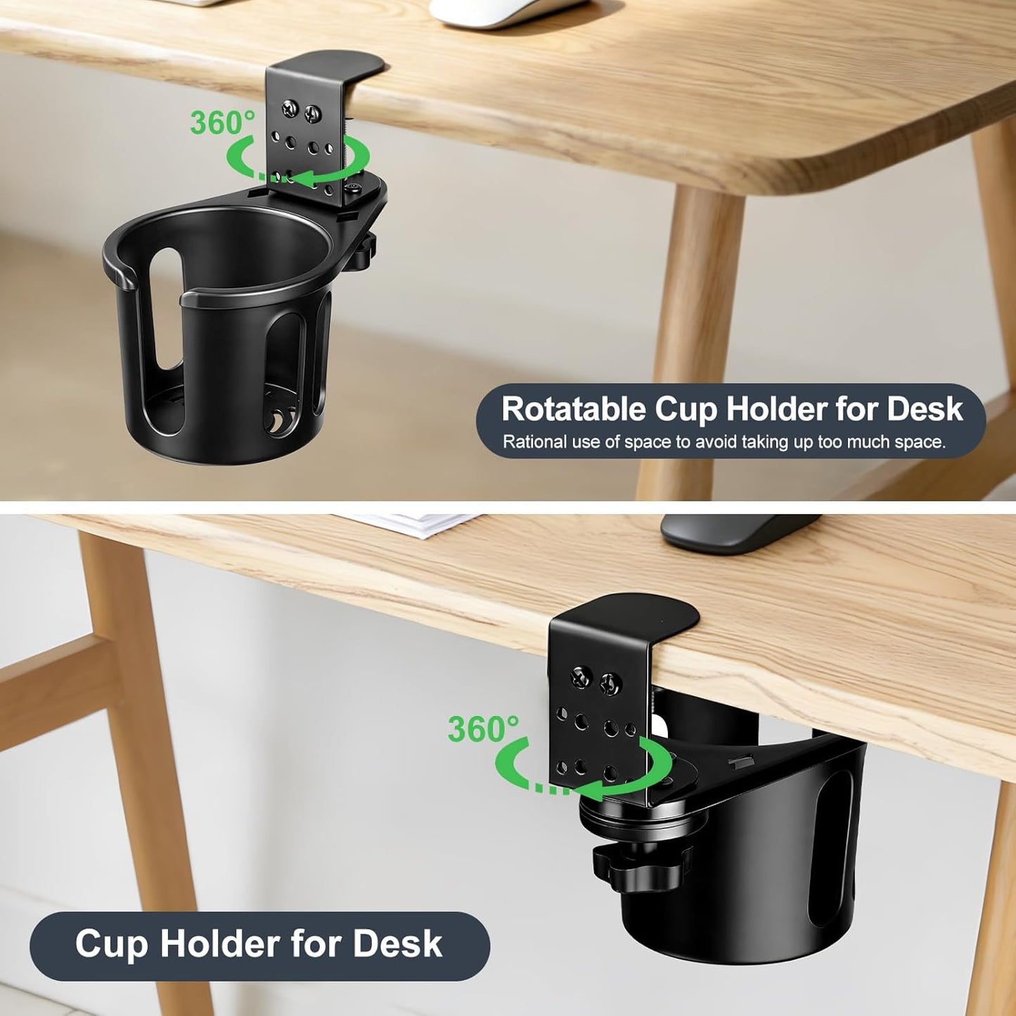 Desk Cup Holder Clamp, Anti-Spill Clip On Table Cup Holder Rotatable | Water Bottle Stand Drink Coffee Mug Storage, Office Accessories for Home and School (Black)