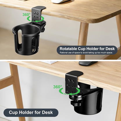 Desk Cup Holder Clamp, Anti-Spill Clip On Table Cup Holder Rotatable | Water Bottle Stand Drink Coffee Mug Storage, Office Accessories for Home and School (Black)