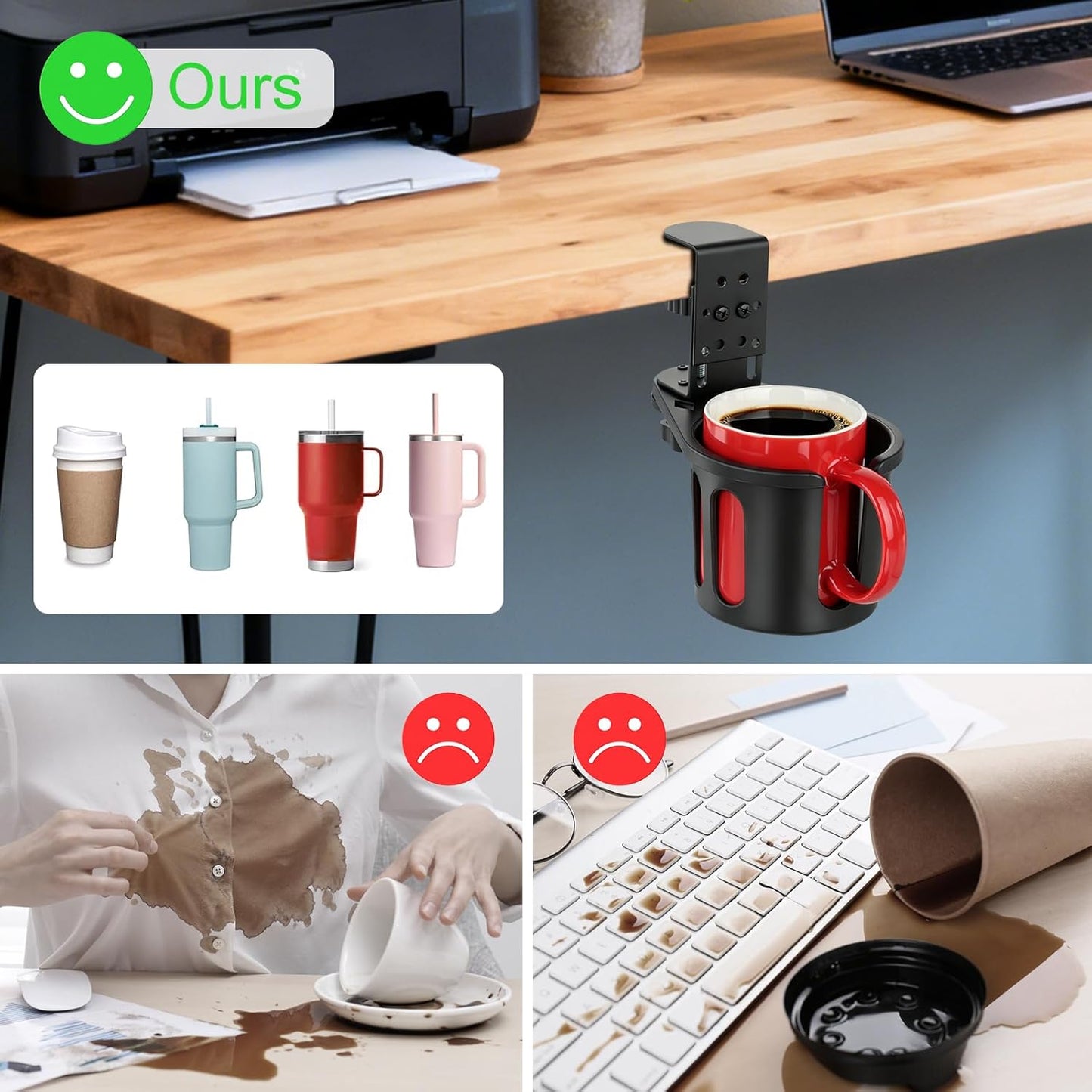 Desk Cup Holder Clamp, Anti-Spill Clip On Table Cup Holder Rotatable | Water Bottle Stand Drink Coffee Mug Storage, Office Accessories for Home and School (Black)
