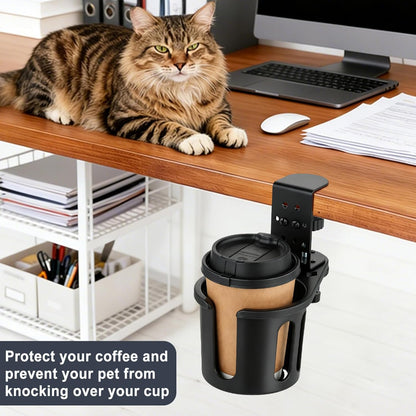 Desk Cup Holder Clamp, Anti-Spill Clip On Table Cup Holder Rotatable | Water Bottle Stand Drink Coffee Mug Storage, Office Accessories for Home and School (Black)