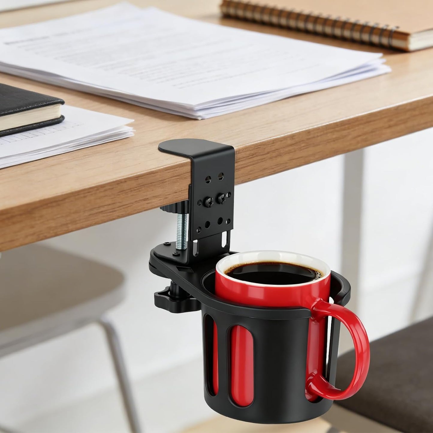 Desk Cup Holder Clamp, Anti-Spill Clip On Table Cup Holder Rotatable | Water Bottle Stand Drink Coffee Mug Storage, Office Accessories for Home and School (Black)