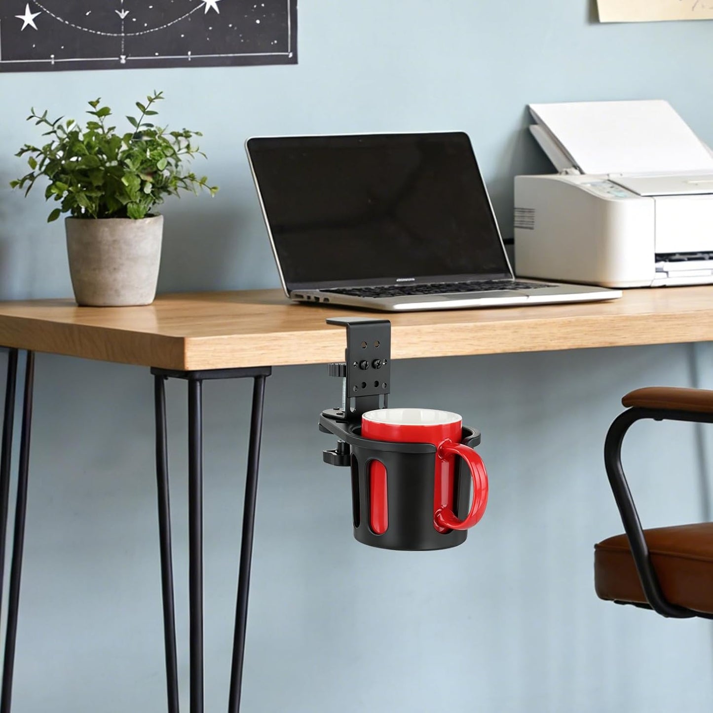 Desk Cup Holder Clamp, Anti-Spill Clip On Table Cup Holder Rotatable | Water Bottle Stand Drink Coffee Mug Storage, Office Accessories for Home and School (Black)