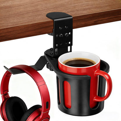 Desk Cup Holder Clamp, Anti-Spill Clip On Table Cup Holder Rotatable | Water Bottle Stand Drink Coffee Mug Storage, Office Accessories for Home and School (Black)