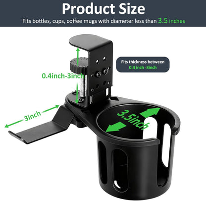 Desk Cup Holder Clamp, Anti-Spill Clip On Table Cup Holder Rotatable | Water Bottle Stand Drink Coffee Mug Storage, Office Accessories for Home and School (Black)