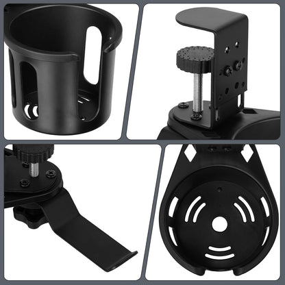 Desk Cup Holder Clamp, Anti-Spill Clip On Table Cup Holder Rotatable | Water Bottle Stand Drink Coffee Mug Storage, Office Accessories for Home and School (Black)