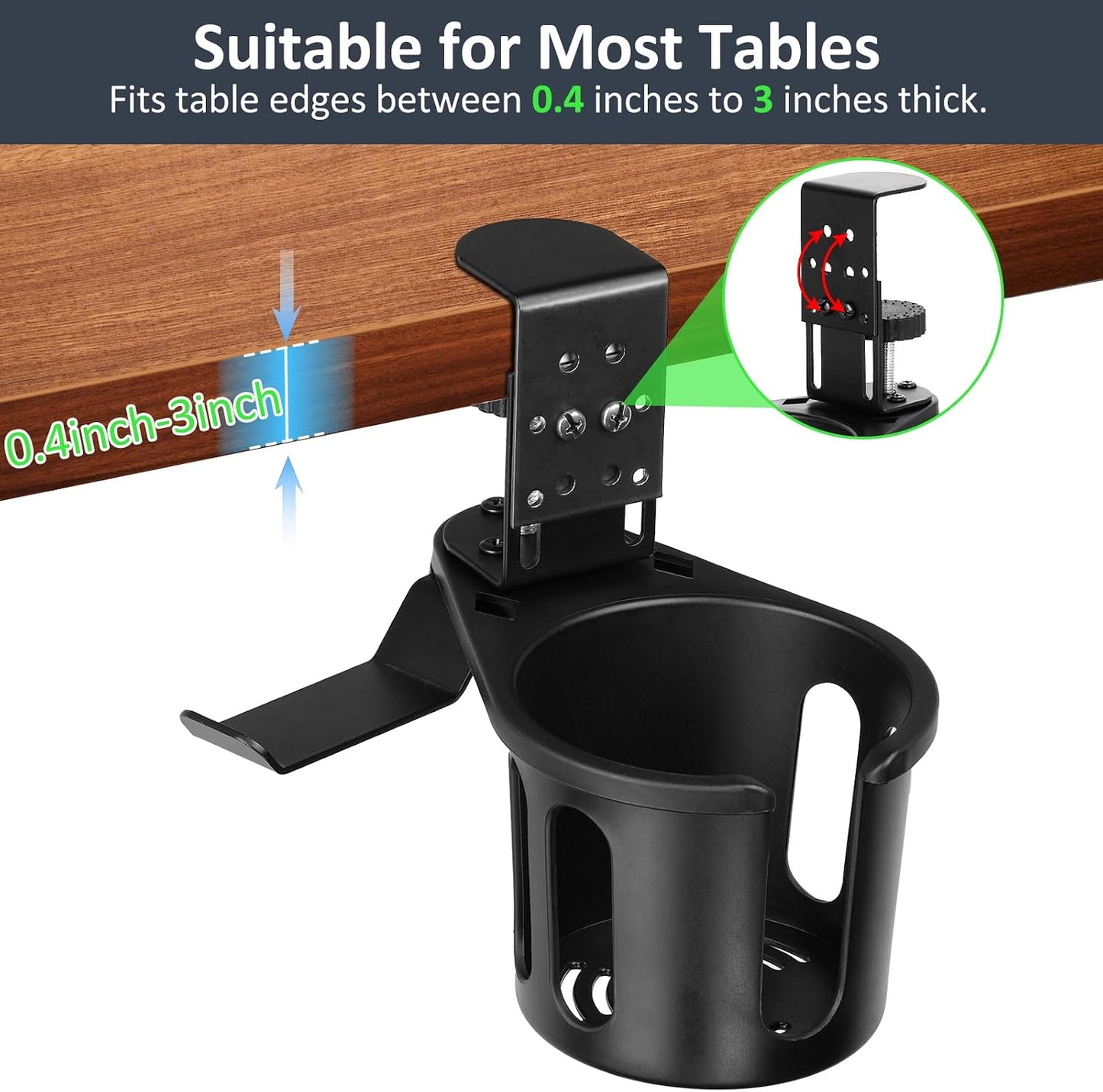 Desk Cup Holder Clamp, Anti-Spill Clip On Table Cup Holder Rotatable | Water Bottle Stand Drink Coffee Mug Storage, Office Accessories for Home and School (Black)