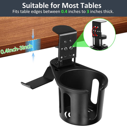 Desk Cup Holder Clamp, Anti-Spill Clip On Table Cup Holder Rotatable | Water Bottle Stand Drink Coffee Mug Storage, Office Accessories for Home and School (Black)