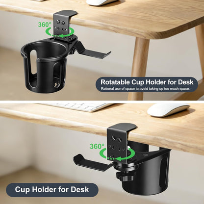 Desk Cup Holder Clamp, Anti-Spill Clip On Table Cup Holder Rotatable | Water Bottle Stand Drink Coffee Mug Storage, Office Accessories for Home and School (Black)