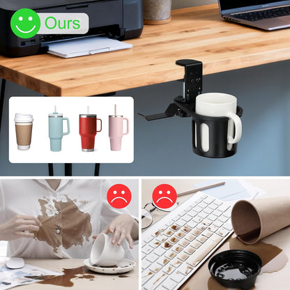 Desk Cup Holder Clamp, Anti-Spill Clip On Table Cup Holder Rotatable | Water Bottle Stand Drink Coffee Mug Storage, Office Accessories for Home and School (Black)