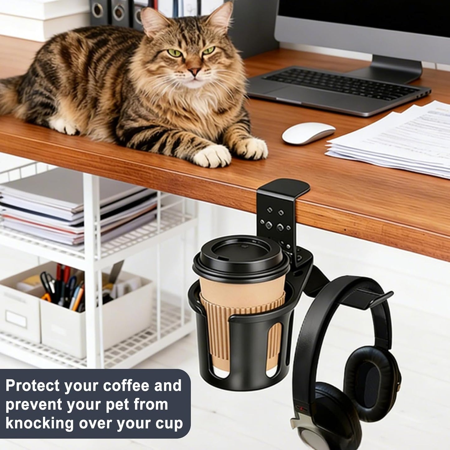 Desk Cup Holder Clamp, Anti-Spill Clip On Table Cup Holder Rotatable | Water Bottle Stand Drink Coffee Mug Storage, Office Accessories for Home and School (Black)