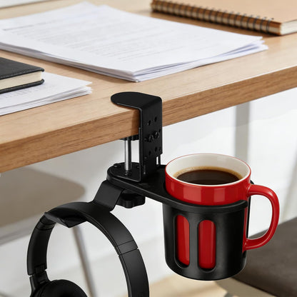 Desk Cup Holder Clamp, Anti-Spill Clip On Table Cup Holder Rotatable | Water Bottle Stand Drink Coffee Mug Storage, Office Accessories for Home and School (Black)