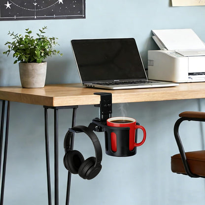 Desk Cup Holder Clamp, Anti-Spill Clip On Table Cup Holder Rotatable | Water Bottle Stand Drink Coffee Mug Storage, Office Accessories for Home and School (Black)