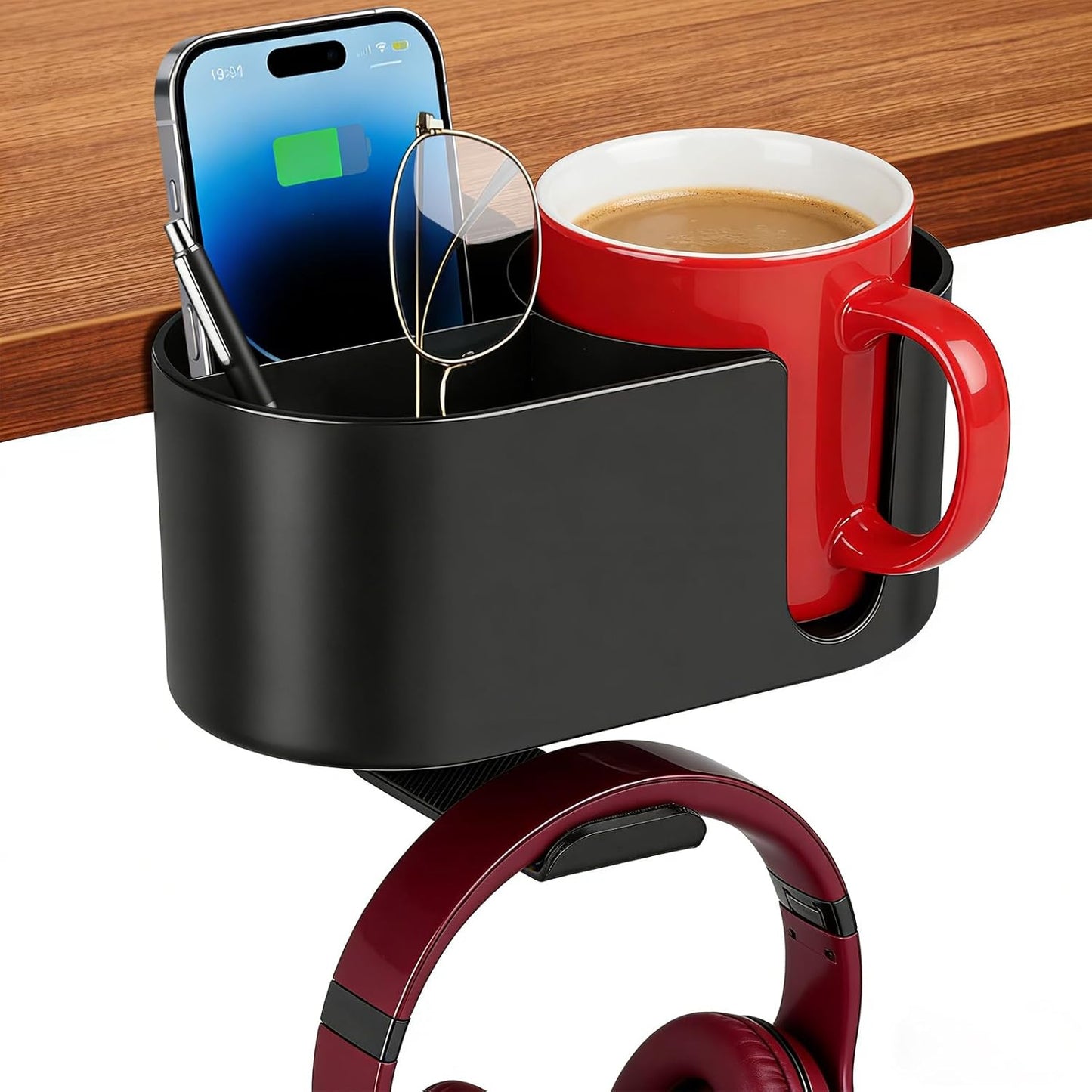 Desk Cup Holder Clamp, Anti-Spill Clip On Table Cup Holder Rotatable | Water Bottle Stand Drink Coffee Mug Storage, Office Accessories for Home and School (Black)