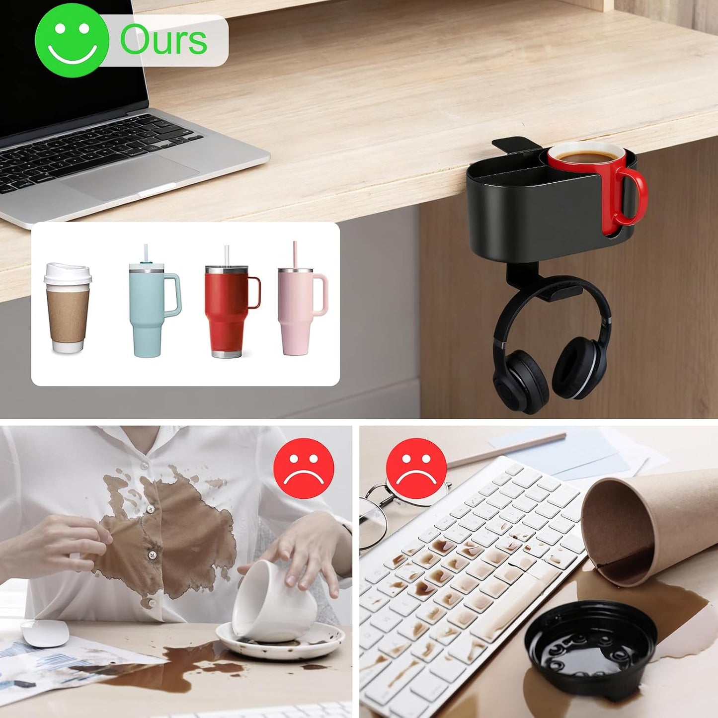 Desk Cup Holder Clamp, Anti-Spill Clip On Table Cup Holder Rotatable | Water Bottle Stand Drink Coffee Mug Storage, Office Accessories for Home and School (Black)