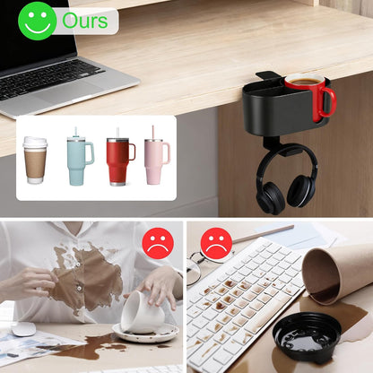 Desk Cup Holder Clamp, Anti-Spill Clip On Table Cup Holder Rotatable | Water Bottle Stand Drink Coffee Mug Storage, Office Accessories for Home and School (Black)