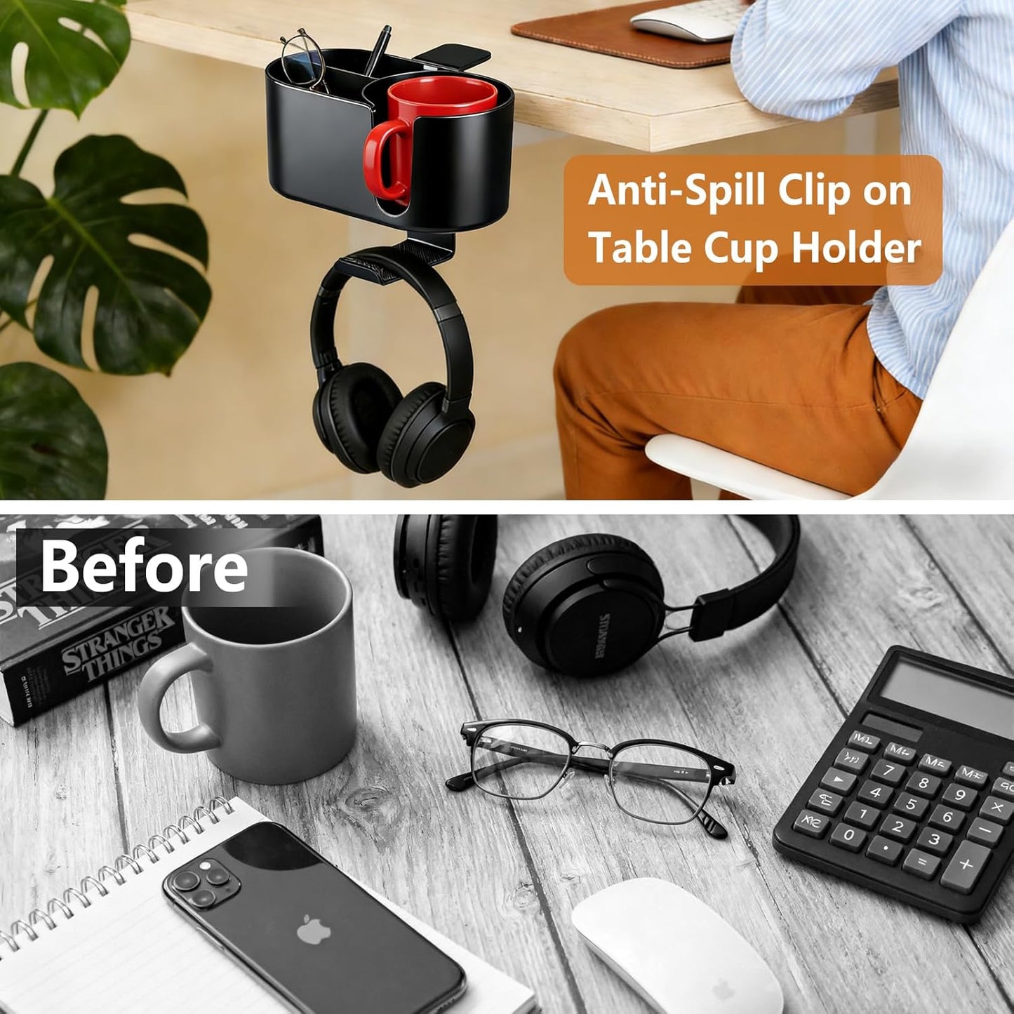 Desk Cup Holder Clamp, Anti-Spill Clip On Table Cup Holder Rotatable | Water Bottle Stand Drink Coffee Mug Storage, Office Accessories for Home and School (Black)