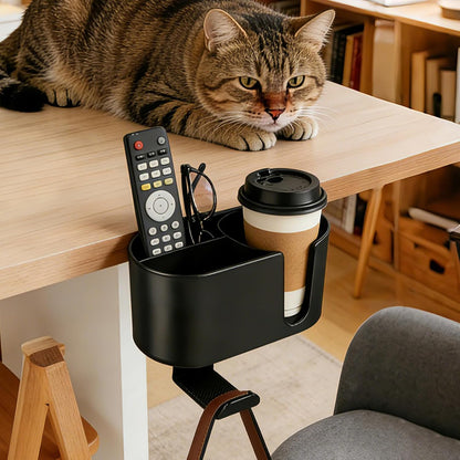 Desk Cup Holder Clamp, Anti-Spill Clip On Table Cup Holder Rotatable | Water Bottle Stand Drink Coffee Mug Storage, Office Accessories for Home and School (Black)