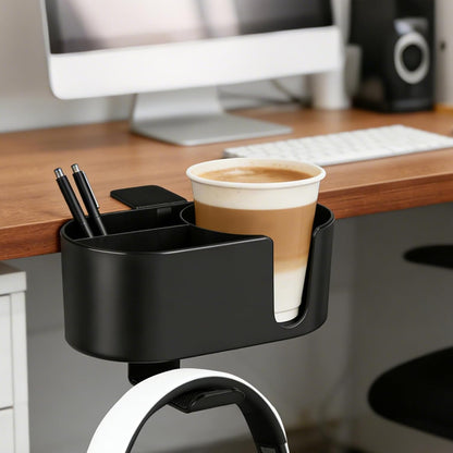 Desk Cup Holder Clamp, Anti-Spill Clip On Table Cup Holder Rotatable | Water Bottle Stand Drink Coffee Mug Storage, Office Accessories for Home and School (Black)