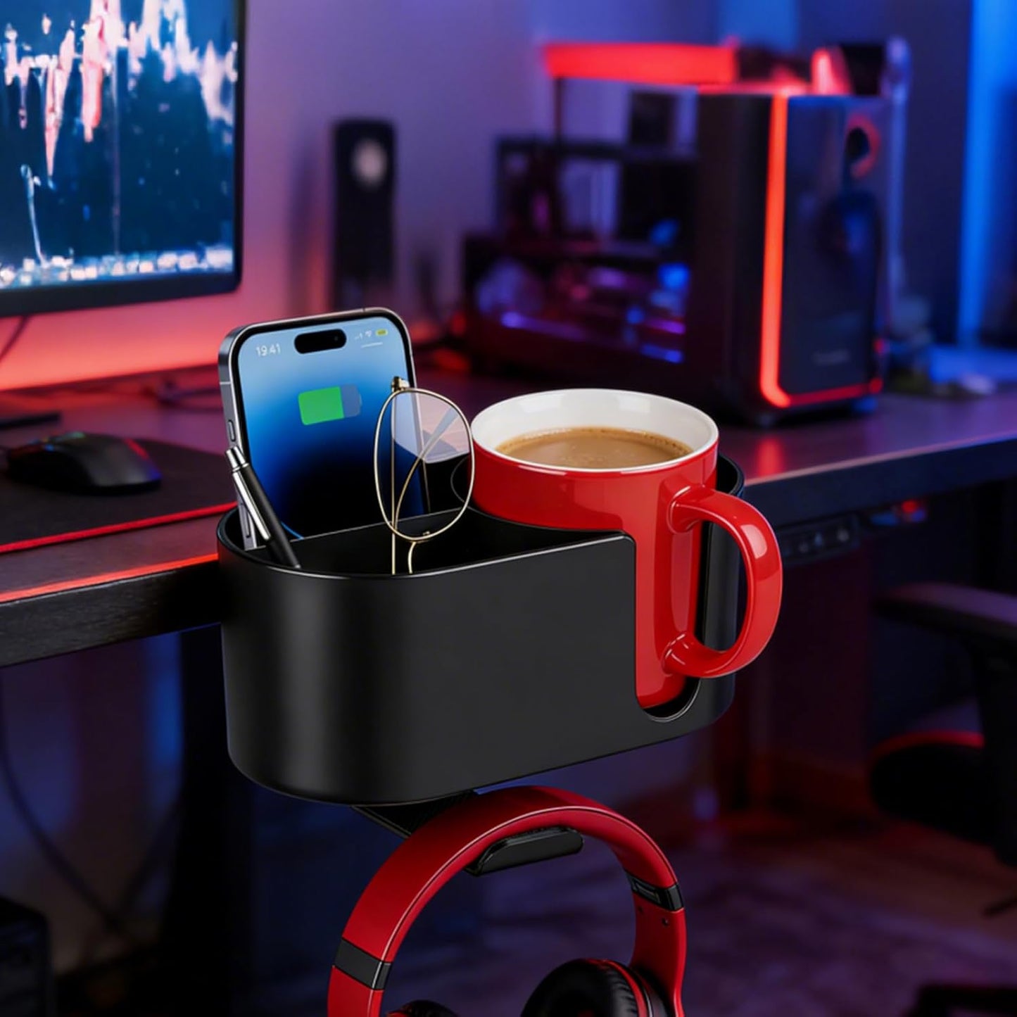 Desk Cup Holder Clamp, Anti-Spill Clip On Table Cup Holder Rotatable | Water Bottle Stand Drink Coffee Mug Storage, Office Accessories for Home and School (Black)