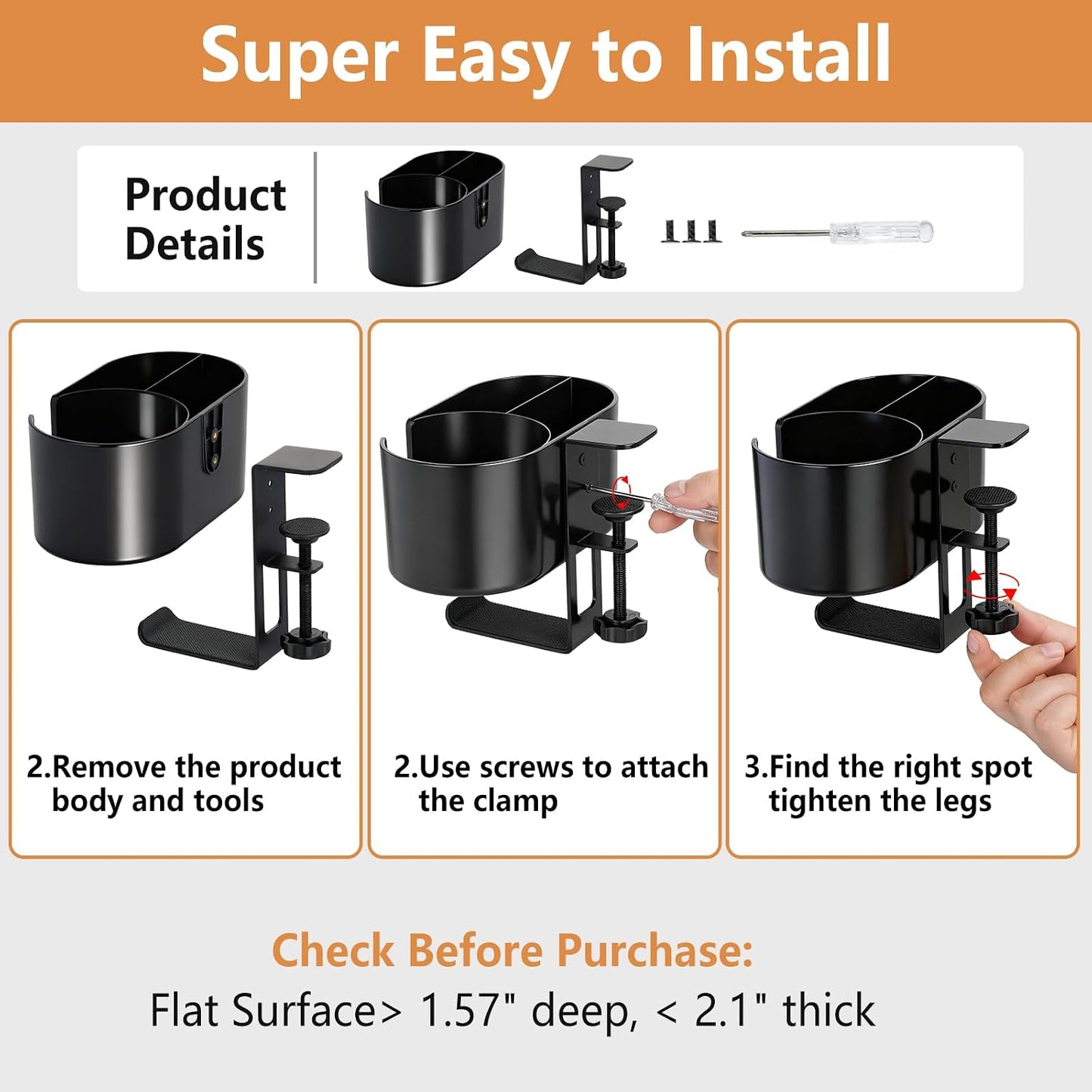 Desk Cup Holder Clamp, Anti-Spill Clip On Table Cup Holder Rotatable | Water Bottle Stand Drink Coffee Mug Storage, Office Accessories for Home and School (Black)