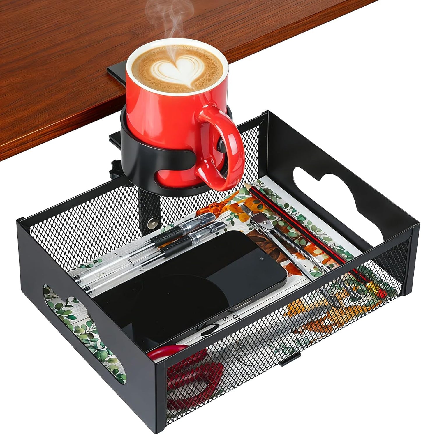Desk Cup Holder Clamp, Anti-Spill Clip On Table Cup Holder Rotatable | Water Bottle Stand Drink Coffee Mug Storage, Office Accessories for Home and School (Black)