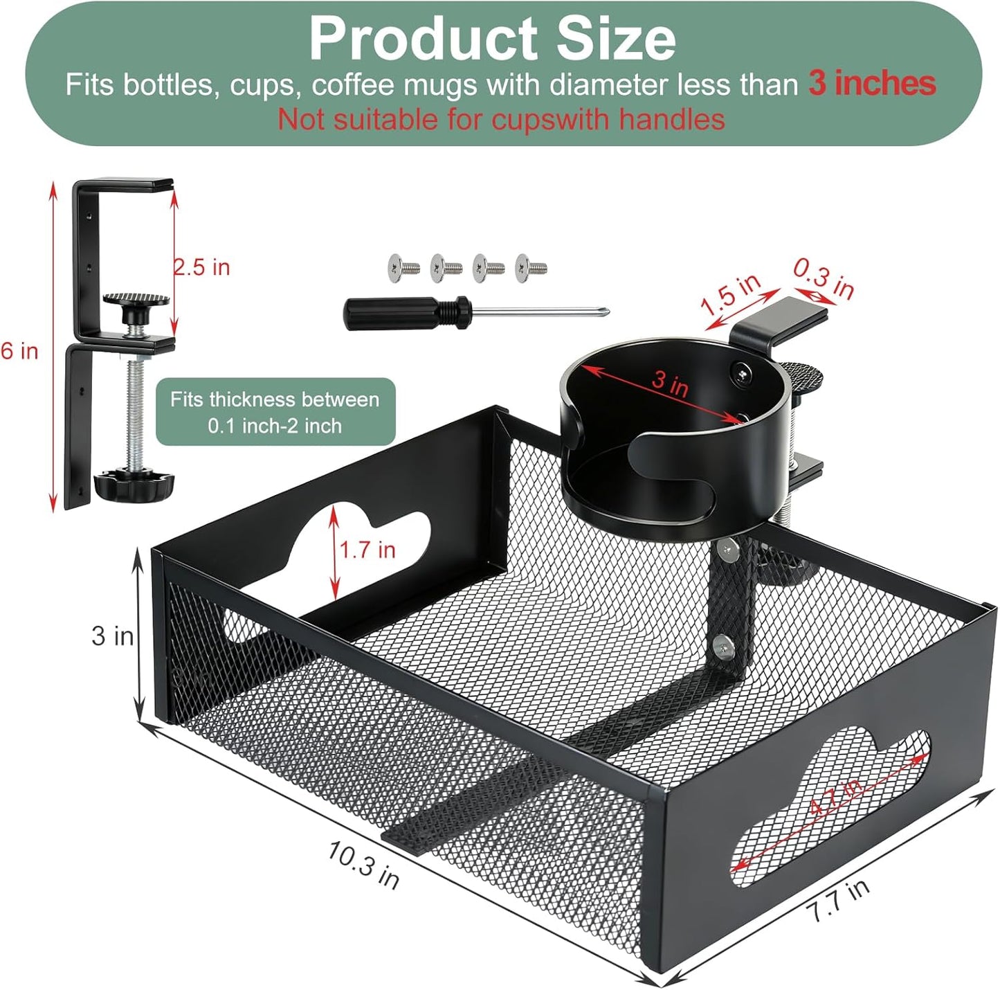 Desk Cup Holder Clamp, Anti-Spill Clip On Table Cup Holder Rotatable | Water Bottle Stand Drink Coffee Mug Storage, Office Accessories for Home and School (Black)