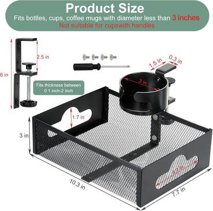 Desk Cup Holder Clamp, Anti-Spill Clip On Table Cup Holder Rotatable | Water Bottle Stand Drink Coffee Mug Storage, Office Accessories for Home and School (Black)