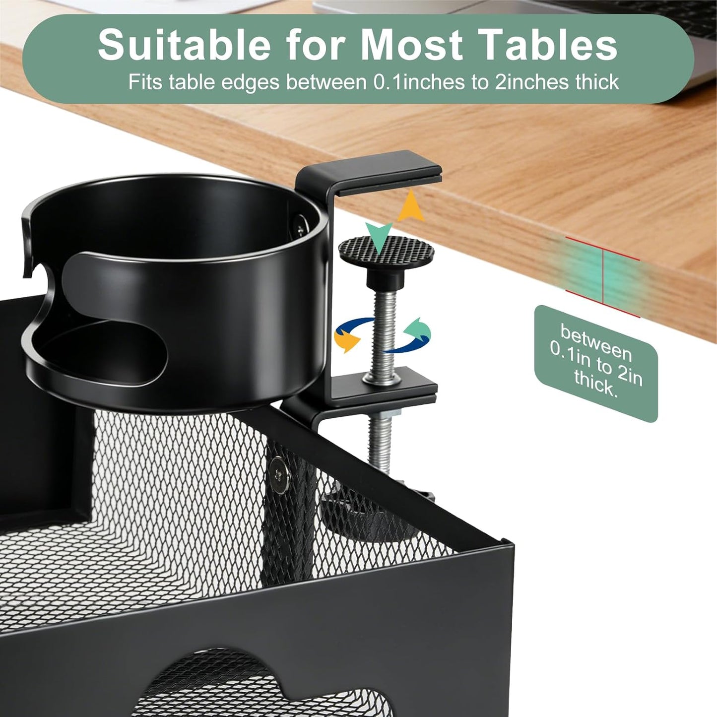 Desk Cup Holder Clamp, Anti-Spill Clip On Table Cup Holder Rotatable | Water Bottle Stand Drink Coffee Mug Storage, Office Accessories for Home and School (Black)