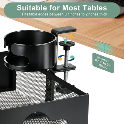 Desk Cup Holder Clamp, Anti-Spill Clip On Table Cup Holder Rotatable | Water Bottle Stand Drink Coffee Mug Storage, Office Accessories for Home and School (Black)