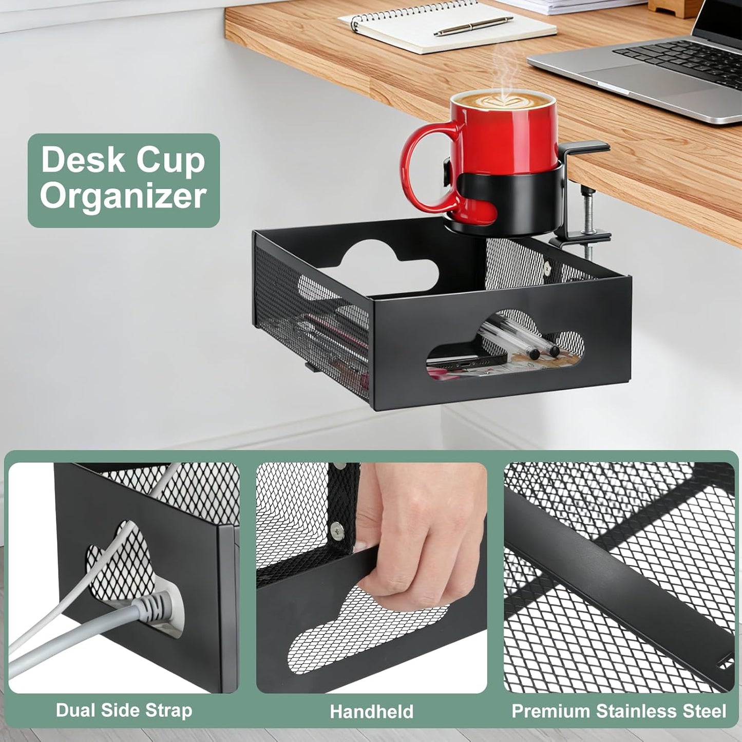 Desk Cup Holder Clamp, Anti-Spill Clip On Table Cup Holder Rotatable | Water Bottle Stand Drink Coffee Mug Storage, Office Accessories for Home and School (Black)