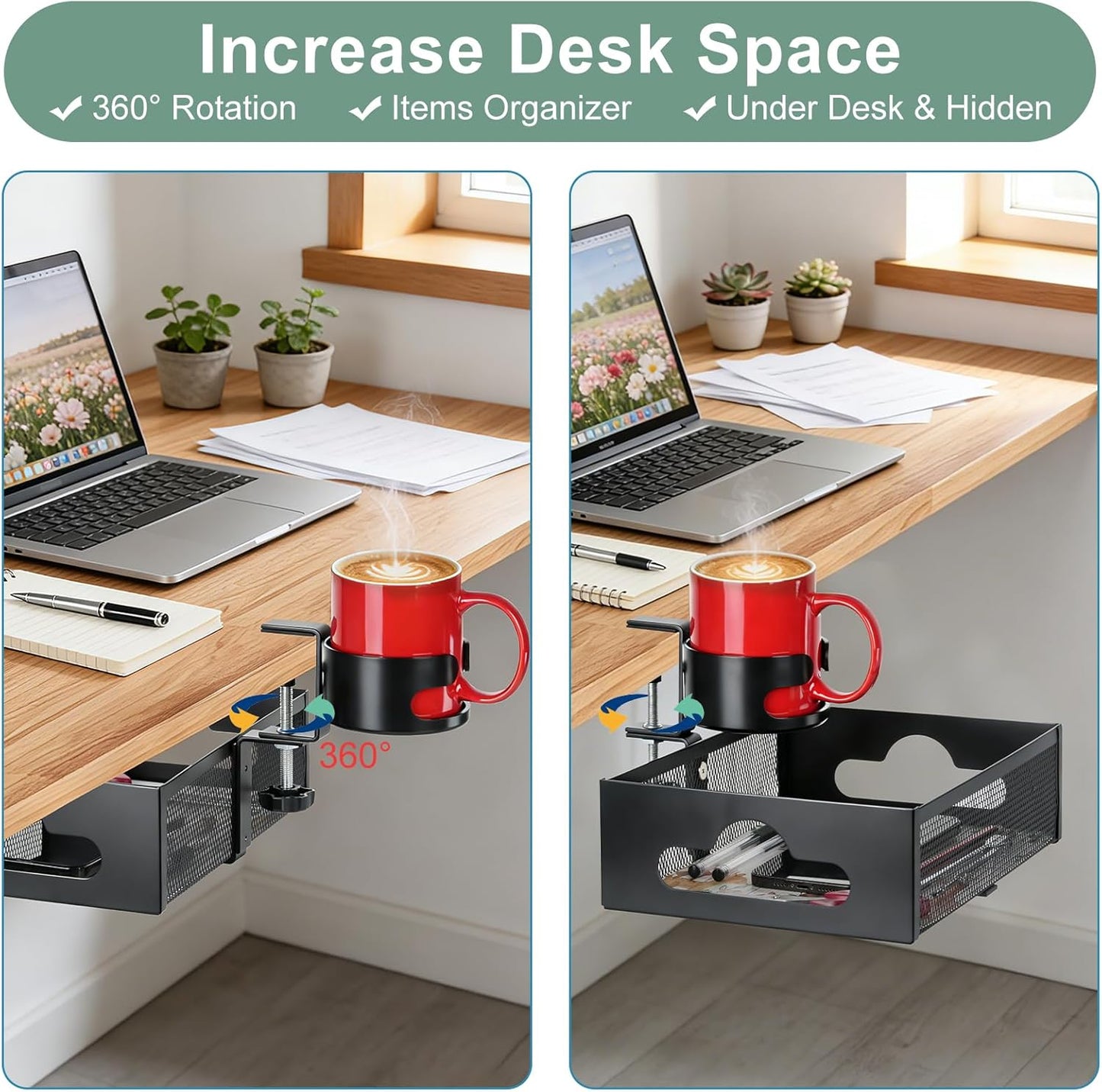 Desk Cup Holder Clamp, Anti-Spill Clip On Table Cup Holder Rotatable | Water Bottle Stand Drink Coffee Mug Storage, Office Accessories for Home and School (Black)